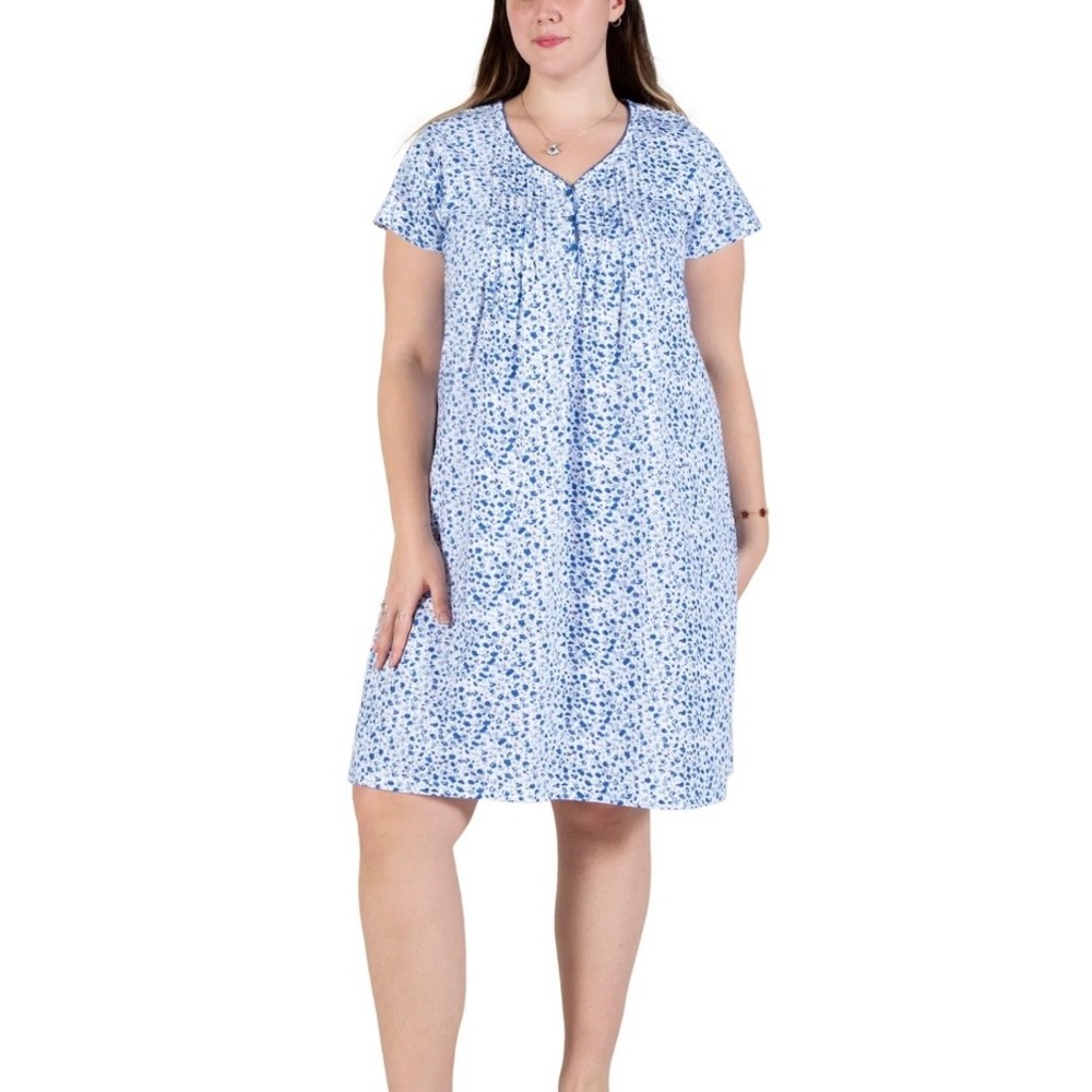 La Cera Pintuck Blue Posies 100% Cotton Knit‎ Chemise Nightgown Dress 2X 20W-22W